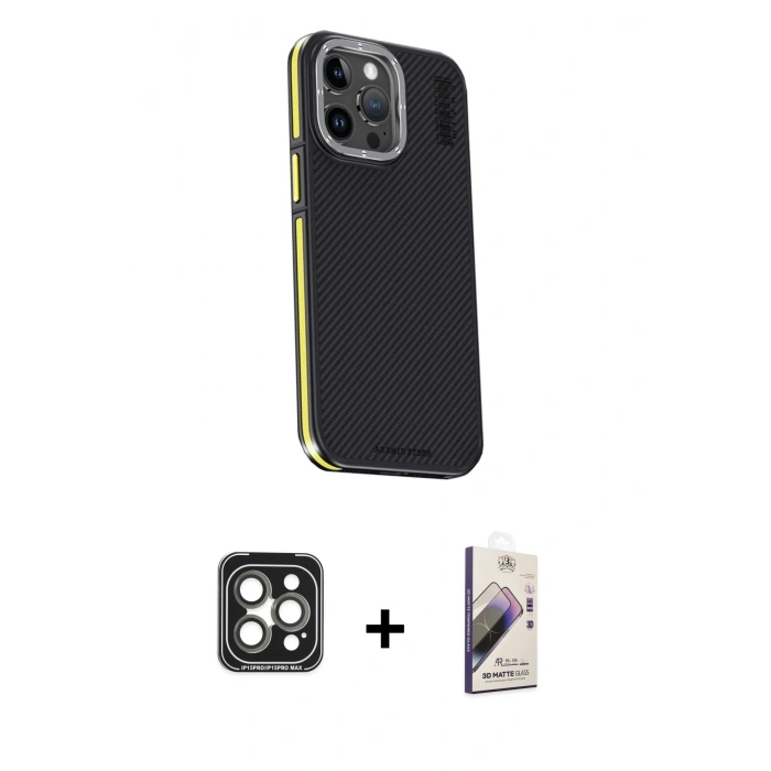 MARSİLYAN™- iPhone 15 Pro Max Kılıf Kıvılcım Modern Özel Seri - Siyah Bilvis 3D Mat Cam Ekran Koruyucu + PVD Metal Kamera Lens - GI