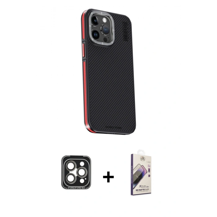 MARSİLYAN™- iPhone 15 Pro Max Kılıf Kıvılcım Modern Özel Seri - Siyah Bilvis 3D Mat Cam Ekran Koruyucu + PVD Metal Kamera Lens - GI
