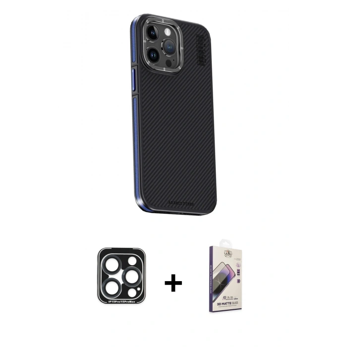 MARSİLYAN™- iPhone 15 Pro Max Kılıf Kıvılcım Modern Özel Seri - Siyah Bilvis 3D Mat Cam Ekran Koruyucu + Lacivert PVD Metal Kamera Lens