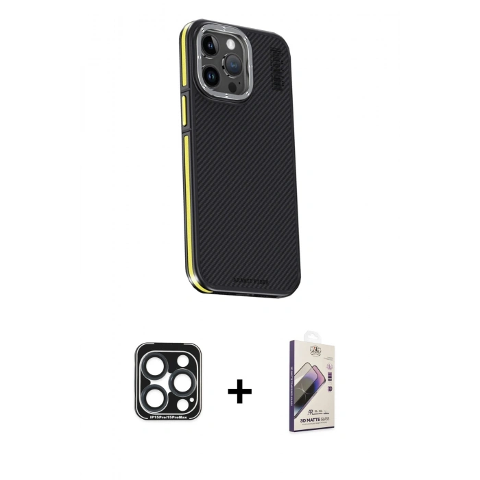 MARSİLYAN™- iPhone 15 Pro Max Kılıf Kıvılcım Modern Özel Seri - Siyah Bilvis 3D Mat Cam Ekran Koruyucu + Lacivert PVD Metal Kamera Lens