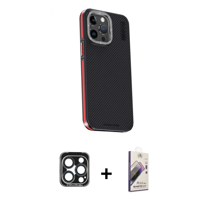 MARSİLYAN™- iPhone 15 Pro Max Kılıf Kıvılcım Modern Özel Seri - Siyah Bilvis 3D Mat Cam Ekran Koruyucu + Lacivert PVD Metal Kamera Lens