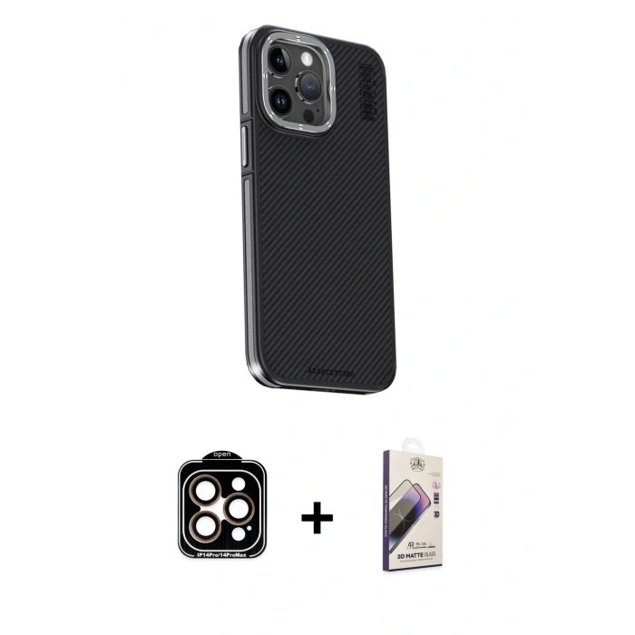 MARSİLYAN™- iPhone 15 Pro Max Kılıf Kıvılcım Modern Özel Seri - Siyah Bilvis 3D Mat Cam Ekran Koruyucu + PVD Metal Kamera Lens - TU