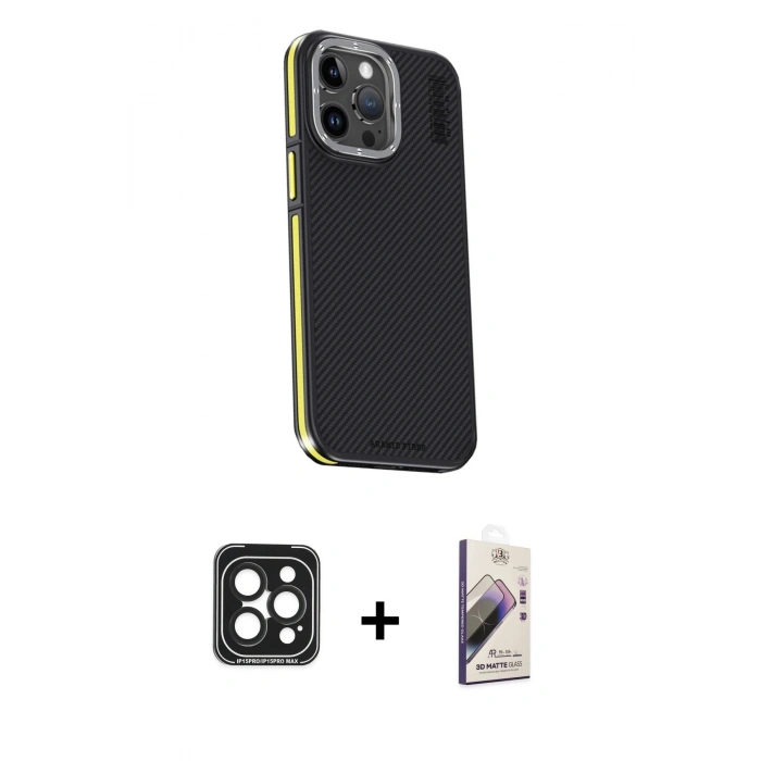 MARSİLYAN™- iPhone 15 Pro Max Kılıf Kıvılcım Modern Özel Seri - Siyah Bilvis 3D Mat Cam Ekran Koruyucu + PVD Metal Kamera Lens - SH