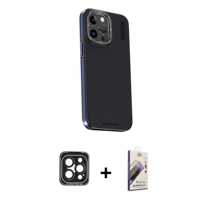 MARSİLYAN™- iPhone 15 Pro Max Kılıf Kıvılcım Modern Özel Seri - Siyah Bilvis 3D Mat Cam Ekran Koruyucu + PVD Metal Kamera Lens - SH