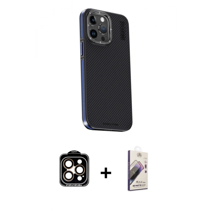 MARSİLYAN™- iPhone 15 Pro Max Kılıf Kıvılcım Modern Özel Seri - Siyah Bilvis 3D Mat Cam Ekran Koruyucu + PVD Metal Kamera Lens - TU