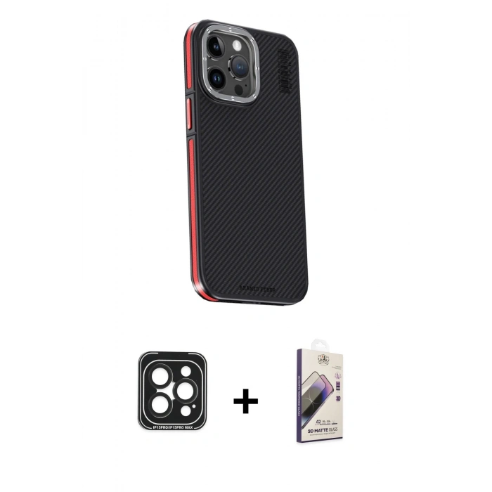 MARSİLYAN™- iPhone 15 Pro Max Kılıf Kıvılcım Modern Özel Seri - Siyah Bilvis 3D Mat Cam Ekran Koruyucu + PVD Metal Kamera Lens - SH
