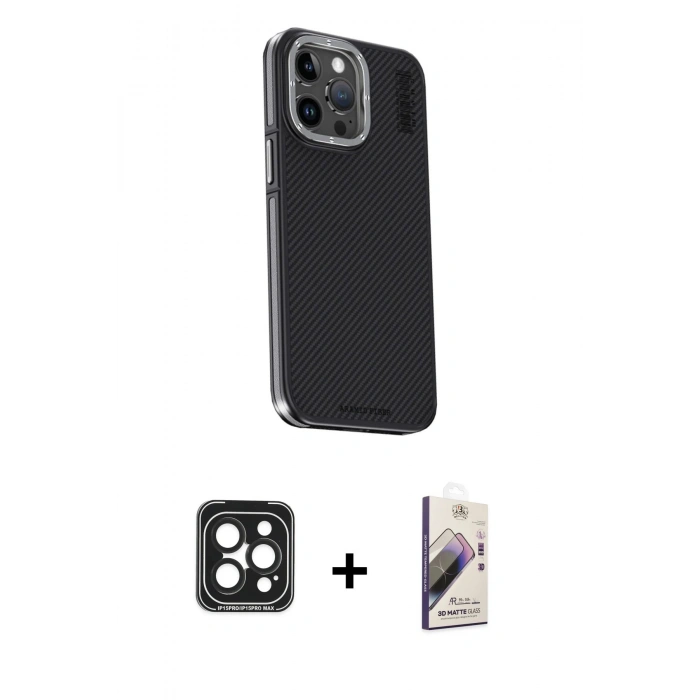 MARSİLYAN™- iPhone 15 Pro Max Kılıf Kıvılcım Modern Özel Seri - Siyah Bilvis 3D Mat Cam Ekran Koruyucu + PVD Metal Kamera Lens - SH