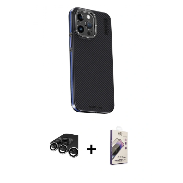 MARSİLYAN™- iPhone 15 Pro Max Kılıf Kıvılcım Modern Özel Seri - Siyah Bilvis 3D Mat Cam Ekran Koruyucu + Raze Metal Kamera Lens - GS