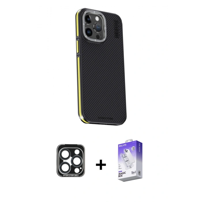 MARSİLYAN™- iPhone 15 Pro Max Kılıf Kıvılcım Modern Özel Seri - Siyah Bilvis 5in1 3D Magic Cam Ekran Koruyucu + PVD Metal Kamera Lens - LT