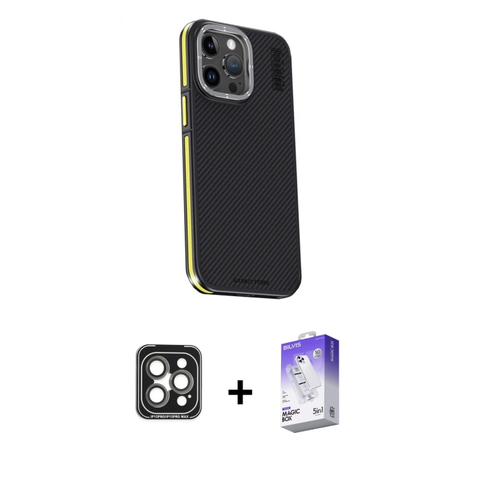 MARSİLYAN™- iPhone 15 Pro Max Kılıf Kıvılcım Modern Özel Seri - Siyah Bilvis 5in1 3D Magic Cam Ekran Koruyucu + Gri PVD Metal Kamera Lens