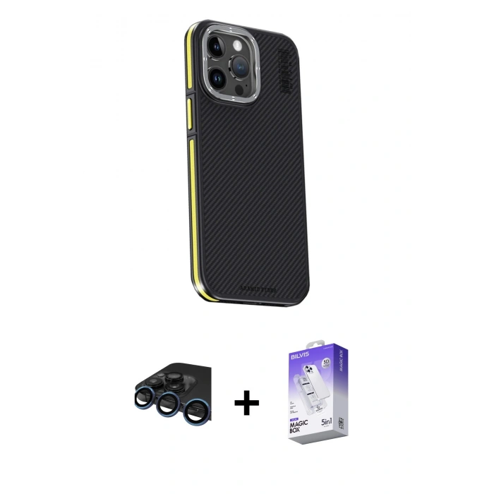 MARSİLYAN™- iPhone 15 Pro Max Kılıf Kıvılcım Modern Özel Seri - Siyah Bilvis 5in1 3D Magic Cam Ekran Koruyucu + Raze Metal Kamera Lens - LT