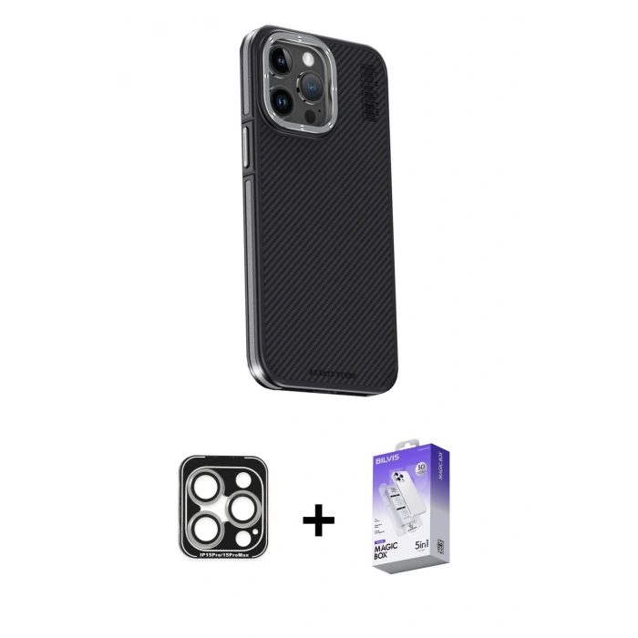 MARSİLYAN™- iPhone 15 Pro Max Kılıf Kıvılcım Modern Özel Seri - Siyah Bilvis 5in1 3D Magic Cam Ekran Koruyucu + PVD Metal Kamera Lens - GS