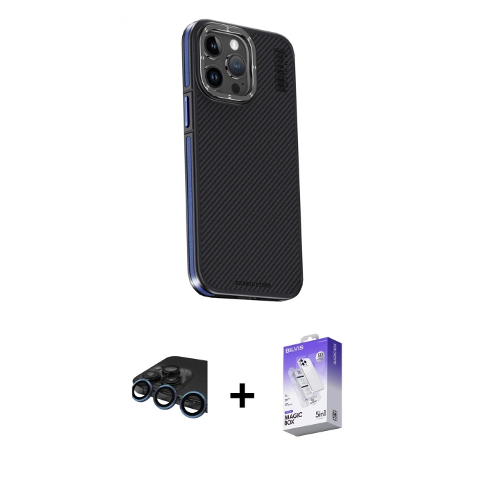 MARSİLYAN™- iPhone 15 Pro Max Kılıf Kıvılcım Modern Özel Seri - Siyah Bilvis 5in1 3D Magic Cam Ekran Koruyucu + Raze Metal Kamera Lens - LT
