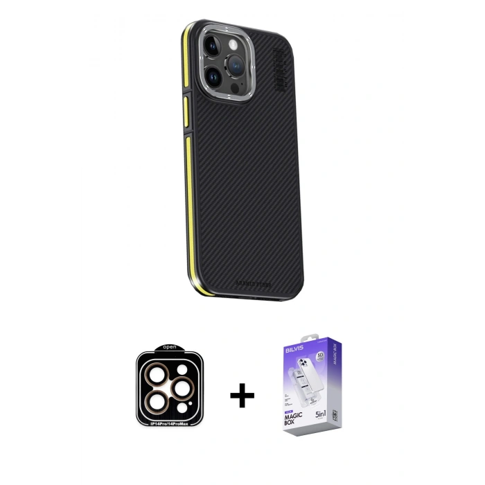 MARSİLYAN™- iPhone 15 Pro Max Kılıf Kıvılcım Modern Özel Seri - Siyah Bilvis 5in1 3D Magic Cam Ekran Koruyucu + PVD Metal Kamera Lens - TU