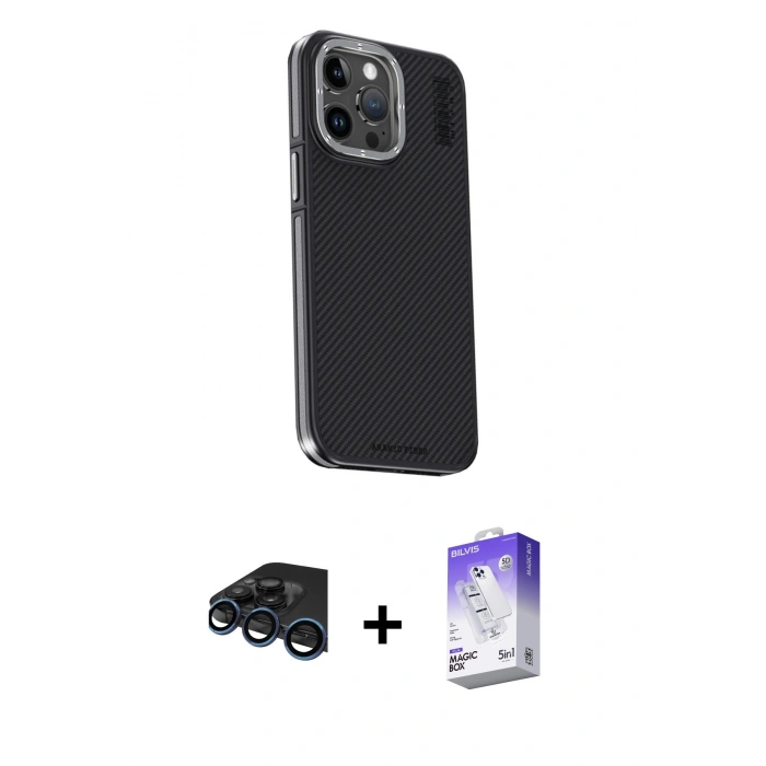 MARSİLYAN™- iPhone 15 Pro Max Kılıf Kıvılcım Modern Özel Seri - Siyah Bilvis 5in1 3D Magic Cam Ekran Koruyucu + Raze Metal Kamera Lens - LT
