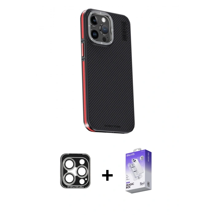 MARSİLYAN™- iPhone 15 Pro Max Kılıf Kıvılcım Modern Özel Seri - Siyah Bilvis 5in1 3D Magic Cam Ekran Koruyucu + PVD Metal Kamera Lens - GS