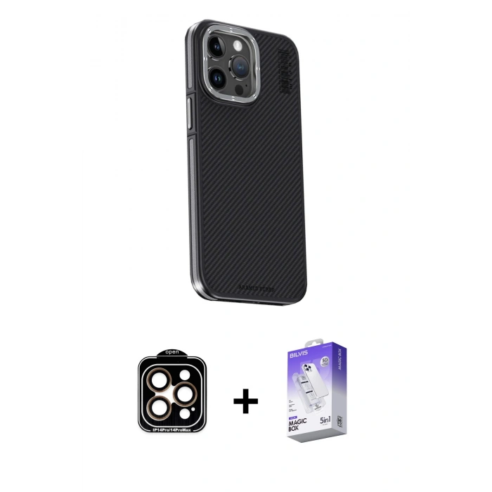 MARSİLYAN™- iPhone 15 Pro Max Kılıf Kıvılcım Modern Özel Seri - Siyah Bilvis 5in1 3D Magic Cam Ekran Koruyucu + PVD Metal Kamera Lens - TU