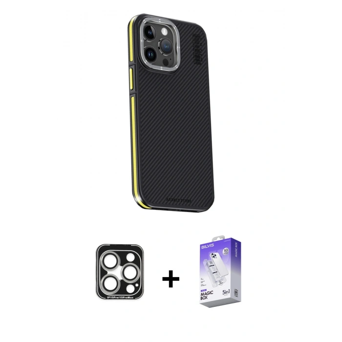 MARSİLYAN™- iPhone 15 Pro Max Kılıf Kıvılcım Modern Özel Seri - Siyah Bilvis 5in1 3D Magic Cam Ekran Koruyucu + PVD Metal Kamera Lens - GS
