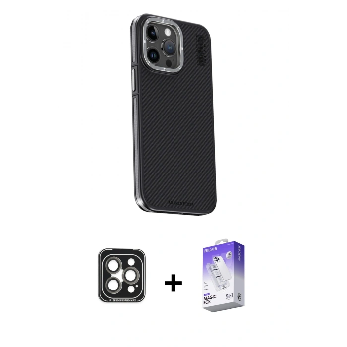 MARSİLYAN™- iPhone 15 Pro Max Kılıf Kıvılcım Modern Özel Seri - Siyah Bilvis 5in1 3D Magic Cam Ekran Koruyucu + Gri PVD Metal Kamera Lens