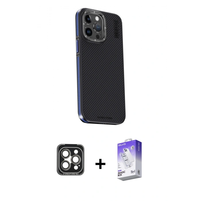 MARSİLYAN™- iPhone 15 Pro Max Kılıf Kıvılcım Modern Özel Seri - Siyah Bilvis 5in1 3D Magic Cam Ekran Koruyucu + Gri PVD Metal Kamera Lens