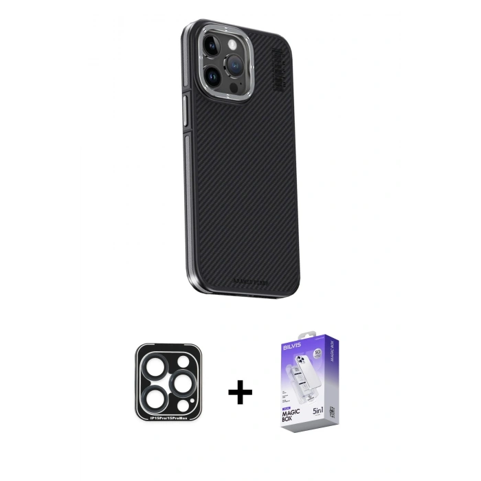 MARSİLYAN™- iPhone 15 Pro Max Kılıf Kıvılcım Modern Özel Seri - Siyah Bilvis 5in1 3D Magic Cam Ekran Koruyucu + PVD Metal Kamera Lens - LT