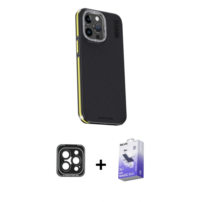 MARSİLYAN™- iPhone 15 Pro Max Kılıf Kıvılcım Modern Özel Seri - Siyah Bilvis 5in1 5D Magic Hayalet Cam Ekran Koruyucu + PVD Metal Kamera Lens - SH
