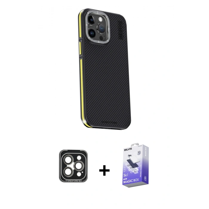 MARSİLYAN™- iPhone 15 Pro Max Kılıf Kıvılcım Modern Özel Seri - Siyah Bilvis 5in1 5D Magic Hayalet Cam Ekran Koruyucu + PVD Metal Kamera Lens - GI