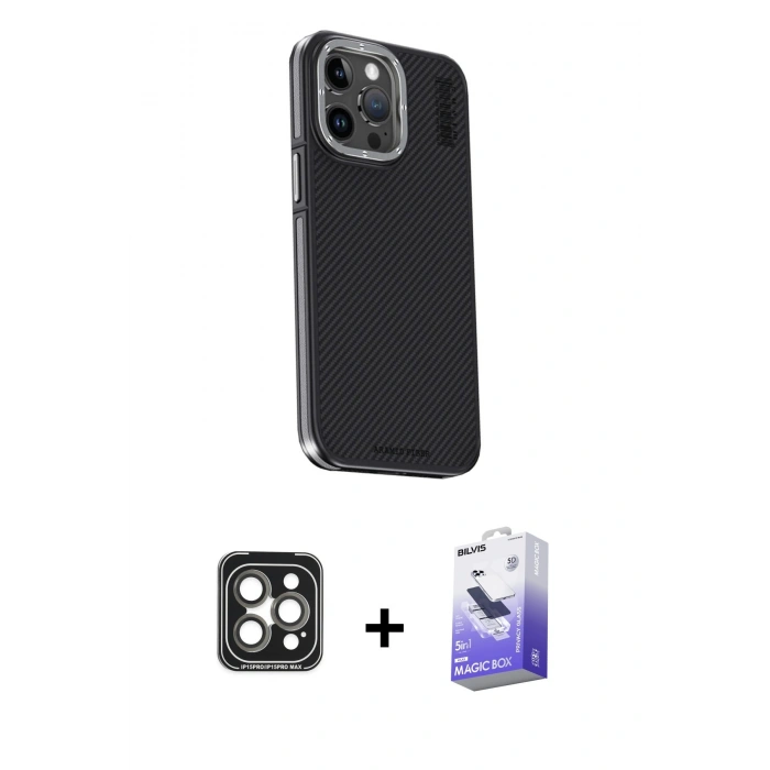 MARSİLYAN™- iPhone 15 Pro Max Kılıf Kıvılcım Modern Özel Seri - Siyah Bilvis 5in1 5D Magic Hayalet Cam Ekran Koruyucu + PVD Metal Kamera Lens - GI