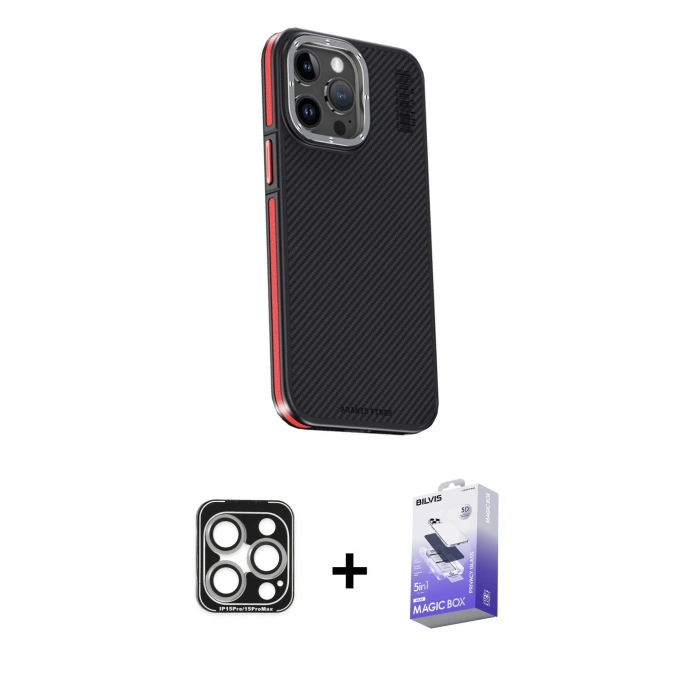 MARSİLYAN™- iPhone 15 Pro Max Kılıf Kıvılcım Modern Özel Seri - Siyah Bilvis 5in1 5D Magic Hayalet Cam Ekran Koruyucu + PVD Metal Kamera Lens - GS