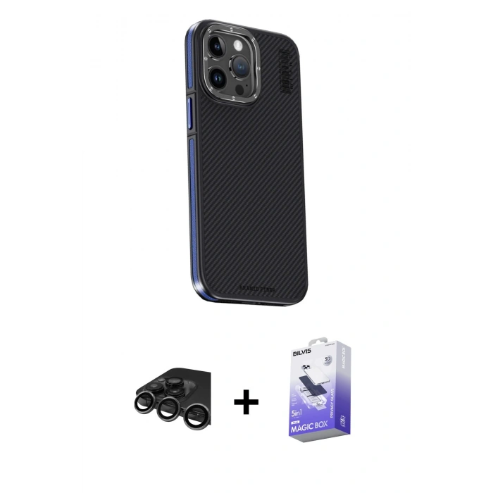 MARSİLYAN™- iPhone 15 Pro Max Kılıf Kıvılcım Modern Özel Seri - Siyah Bilvis 5in1 5D Magic Hayalet Cam Ekran Koruyucu + Raze Metal Kamera Lens - TMGI