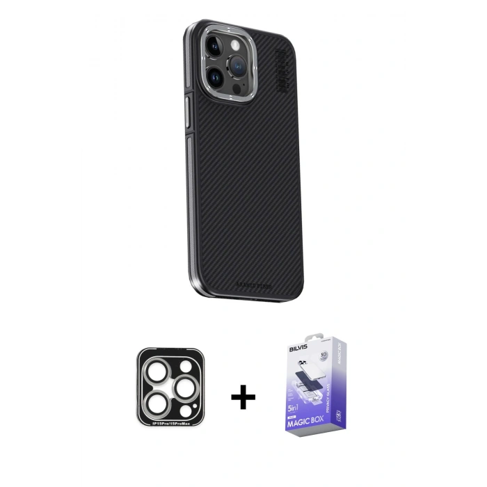 MARSİLYAN™- iPhone 15 Pro Max Kılıf Kıvılcım Modern Özel Seri - Siyah Bilvis 5in1 5D Magic Hayalet Cam Ekran Koruyucu + PVD Metal Kamera Lens - GS