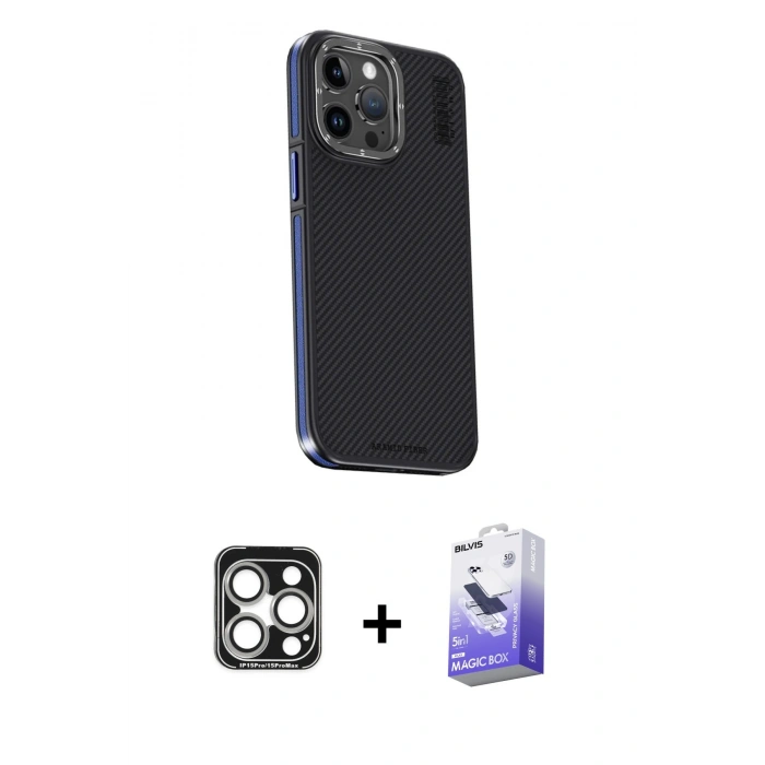 MARSİLYAN™- iPhone 15 Pro Max Kılıf Kıvılcım Modern Özel Seri - Siyah Bilvis 5in1 5D Magic Hayalet Cam Ekran Koruyucu + PVD Metal Kamera Lens - GS