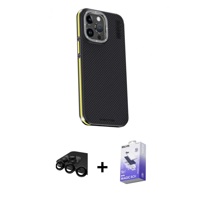 MARSİLYAN™- iPhone 15 Pro Max Kılıf Kıvılcım Modern Özel Seri - Siyah Bilvis 5in1 5D Magic Hayalet Cam Ekran Koruyucu + Raze Metal Kamera Lens - SH