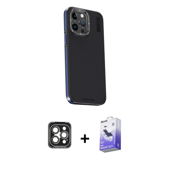 MARSİLYAN™- iPhone 15 Pro Max Kılıf Kıvılcım Modern Özel Seri - Siyah Bilvis 5in1 5D Magic Hayalet Cam Ekran Koruyucu + PVD Metal Kamera Lens - GI
