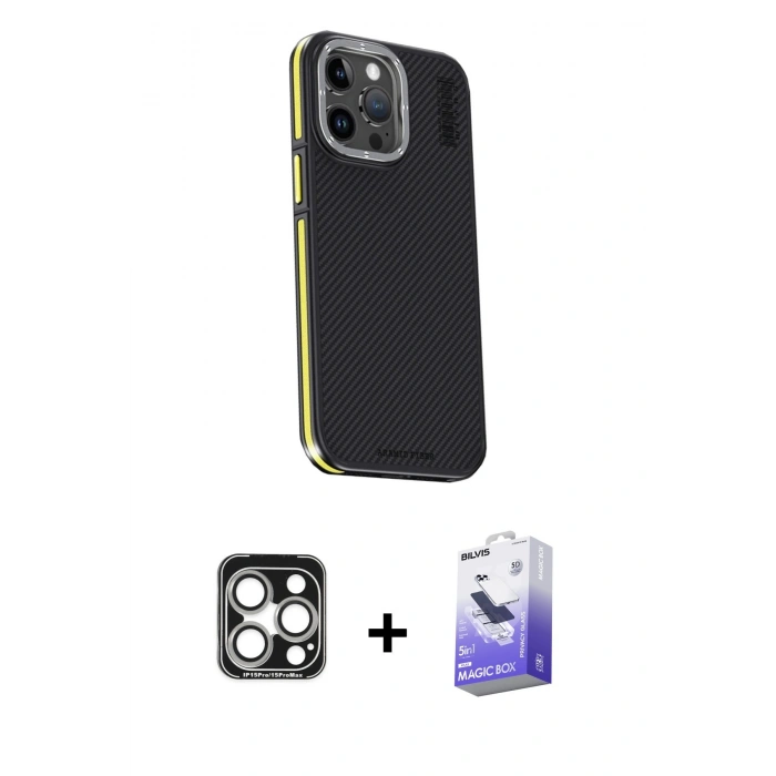 MARSİLYAN™- iPhone 15 Pro Max Kılıf Kıvılcım Modern Özel Seri - Siyah Bilvis 5in1 5D Magic Hayalet Cam Ekran Koruyucu + PVD Metal Kamera Lens - GS