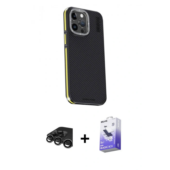 MARSİLYAN™- iPhone 15 Pro Max Kılıf Kıvılcım Modern Özel Seri - Siyah Bilvis 5in1 5D Magic Hayalet Cam Ekran Koruyucu + Raze Metal Kamera Lens - TMGI