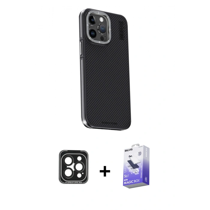 MARSİLYAN™- iPhone 15 Pro Max Kılıf Kıvılcım Modern Özel Seri - Siyah Bilvis 5in1 5D Magic Hayalet Cam Ekran Koruyucu + PVD Metal Kamera Lens - SH