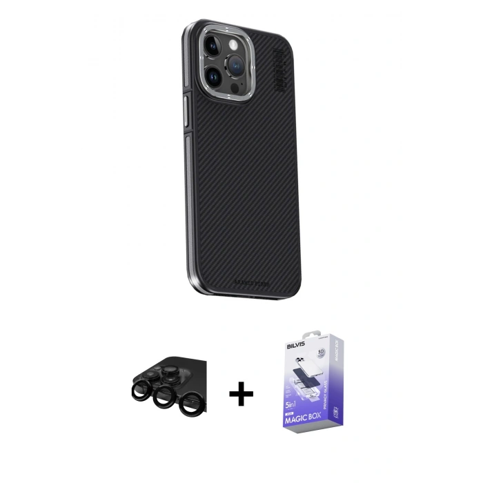 MARSİLYAN™- iPhone 15 Pro Max Kılıf Kıvılcım Modern Özel Seri - Siyah Bilvis 5in1 5D Magic Hayalet Cam Ekran Koruyucu + Raze Metal Kamera Lens - SH