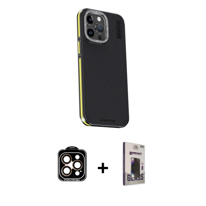 MARSİLYAN™- iPhone 15 Pro Max Kılıf Kıvılcım Modern Özel Seri - Siyah Bilvis Hayalet Cam Ekran Koruyucu + PVD Metal Kamera Lens - TU