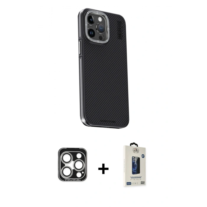 MARSİLYAN™- iPhone 15 Pro Max Kılıf Kıvılcım Modern Özel Seri - Siyah Bilvis Hayalet Cam Ekran Koruyucu + PVD Metal Kamera Lens - GS