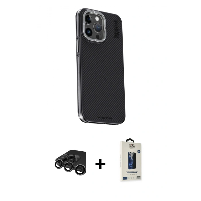 MARSİLYAN™- iPhone 15 Pro Max Kılıf Kıvılcım Modern Özel Seri - Siyah Bilvis Hayalet Cam Ekran Koruyucu + Titanyum Gri Raze Metal Kamera Lens