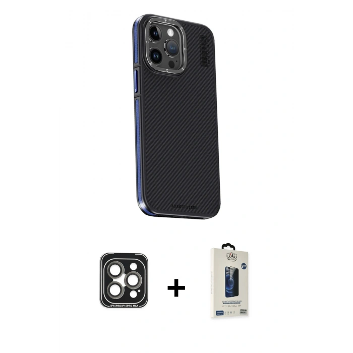 MARSİLYAN™- iPhone 15 Pro Max Kılıf Kıvılcım Modern Özel Seri - Siyah Bilvis Hayalet Cam Ekran Koruyucu + PVD Metal Kamera Lens - GI