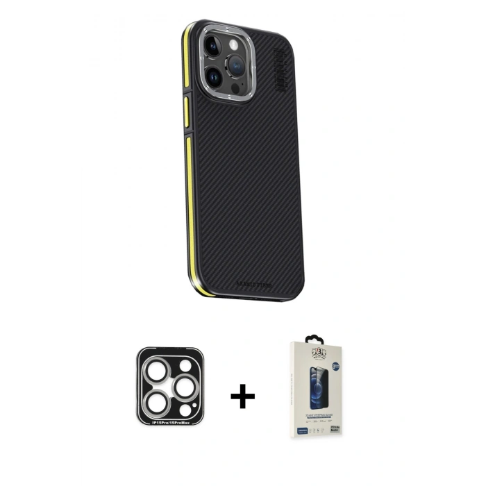 MARSİLYAN™- iPhone 15 Pro Max Kılıf Kıvılcım Modern Özel Seri - Siyah Bilvis Hayalet Cam Ekran Koruyucu + PVD Metal Kamera Lens - GS