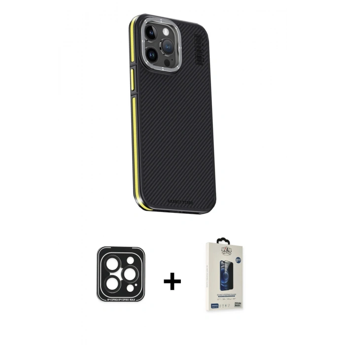 MARSİLYAN™- iPhone 15 Pro Max Kılıf Kıvılcım Modern Özel Seri - Siyah Bilvis Hayalet Cam Ekran Koruyucu + PVD Metal Kamera Lens - SH