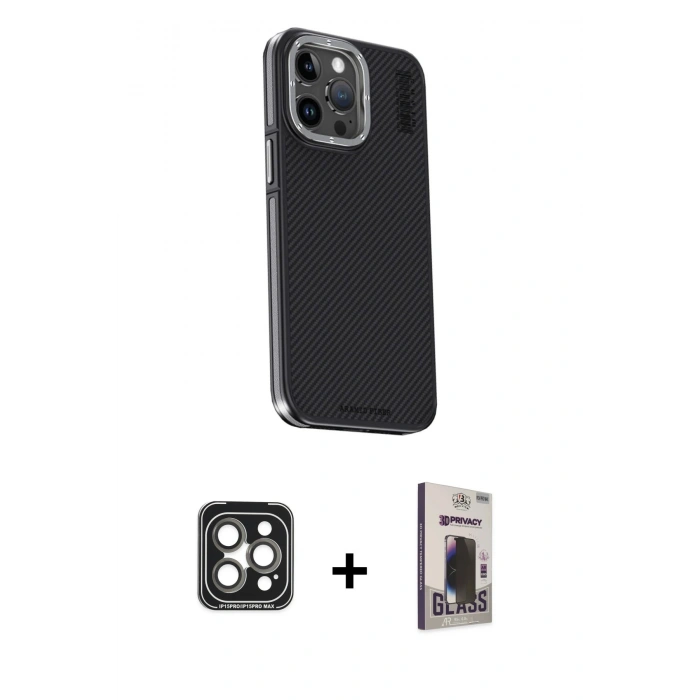 MARSİLYAN™- iPhone 15 Pro Max Kılıf Kıvılcım Modern Özel Seri - Siyah Bilvis Hayalet Cam Ekran Koruyucu + PVD Metal Kamera Lens - GI