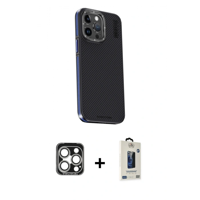 MARSİLYAN™- iPhone 15 Pro Max Kılıf Kıvılcım Modern Özel Seri - Siyah Bilvis Hayalet Cam Ekran Koruyucu + PVD Metal Kamera Lens - GS