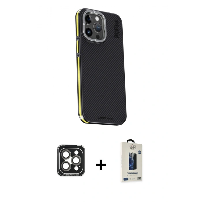 MARSİLYAN™- iPhone 15 Pro Max Kılıf Kıvılcım Modern Özel Seri - Siyah Bilvis Hayalet Cam Ekran Koruyucu + PVD Metal Kamera Lens - GI