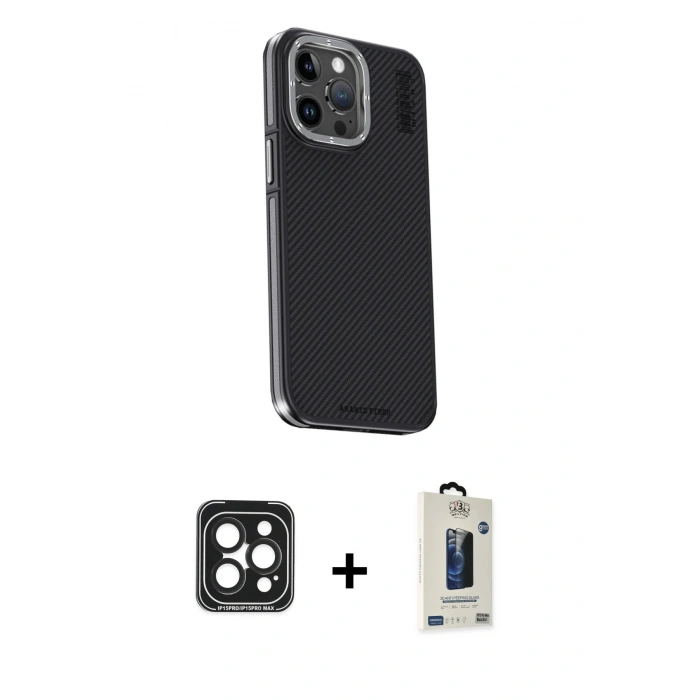 MARSİLYAN™- iPhone 15 Pro Max Kılıf Kıvılcım Modern Özel Seri - Siyah Bilvis Hayalet Cam Ekran Koruyucu + PVD Metal Kamera Lens - SH