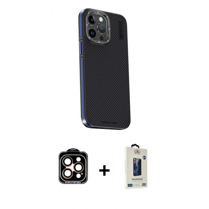 MARSİLYAN™- iPhone 15 Pro Max Kılıf Kıvılcım Modern Özel Seri - Siyah Bilvis Hayalet Cam Ekran Koruyucu + Turuncu PVD Metal Kamera Lens
