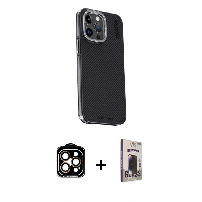 MARSİLYAN™- iPhone 15 Pro Max Kılıf Kıvılcım Modern Özel Seri - Siyah Bilvis Hayalet Cam Ekran Koruyucu + PVD Metal Kamera Lens - TU